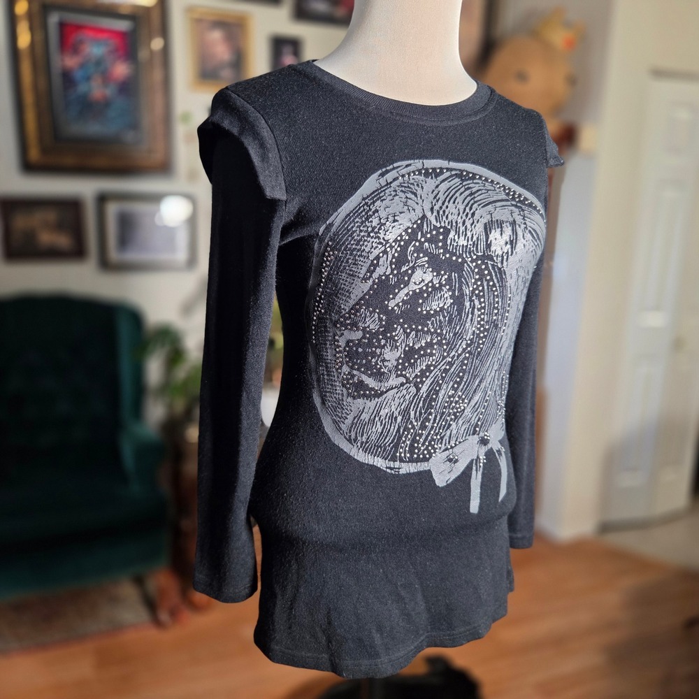 Sugar‎ Lips 100% Wool Black Long Sleeve Graphic Knit Top Rhinestone Detail Tee